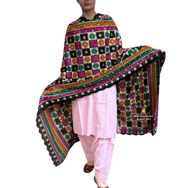 Plain Pink Suit With Black Phulkari Dupatta