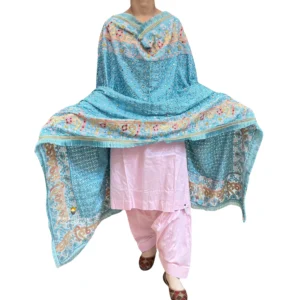 Plain Pink Suit With Blue Phulkari Dupatta