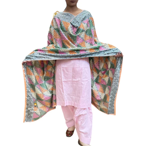 Plain Pink Suit With Gray Phulkari Dupatta