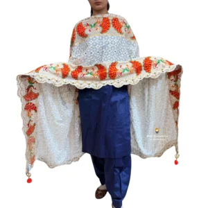 Plain Royal Blue Suit With Pure White Phulkari Dupatta