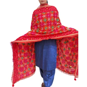 Plain Royal Blue Suit With Red Phulkari Dupatta