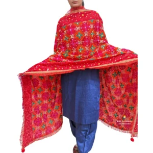 Plain Royal Blue Suit With Red Phulkari Dupatta