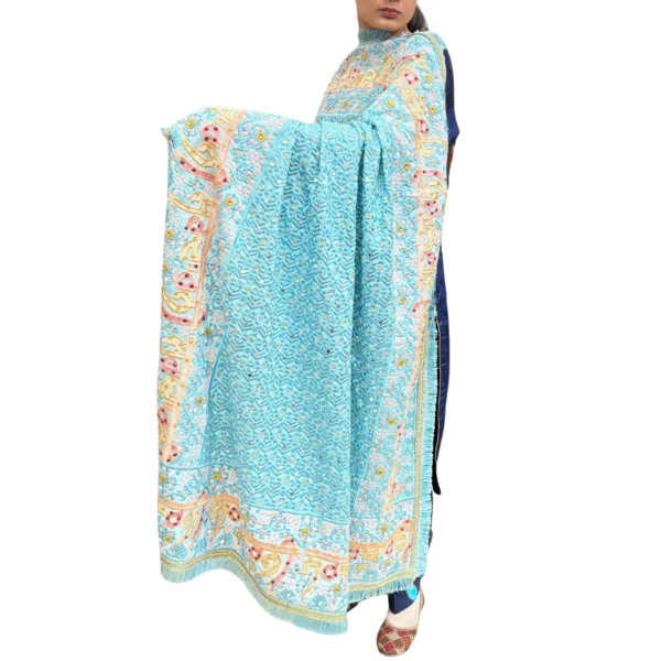 Plain Royal Blue Suit With Sky Blue Phulkari Dupatta - Image 2