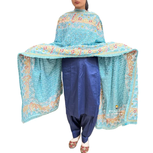 Plain Royal Blue Suit With Sky Blue Phulkari Dupatta