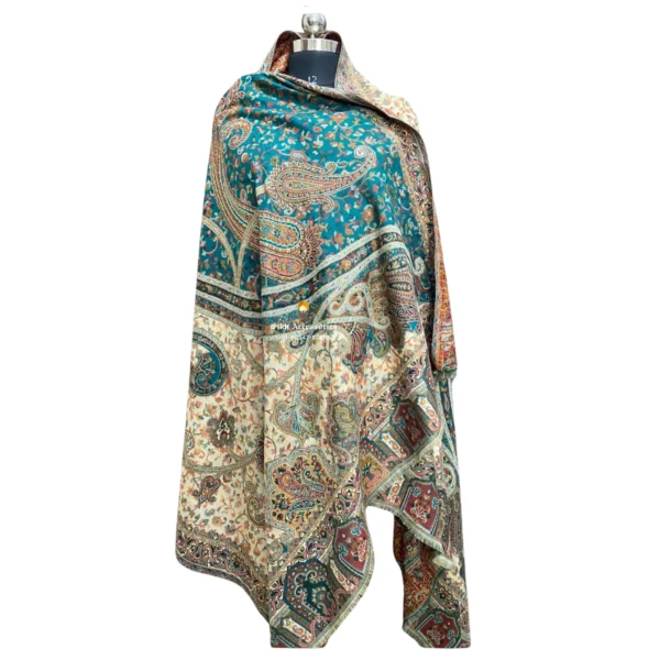 Teal Blue & White Pashmina Double Beam Kani Shawl