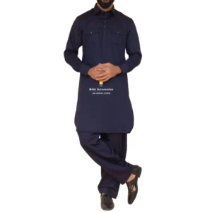 Admiral Blue Pathani Kurta Pajama With Shirt Collar