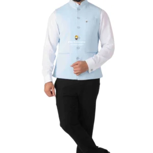 Baby Blue Plain Nehru Jacket For Men