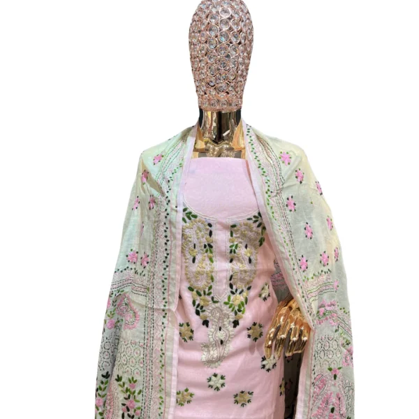 Baby Pink Cotton Suit with Kantha Phulkari Work