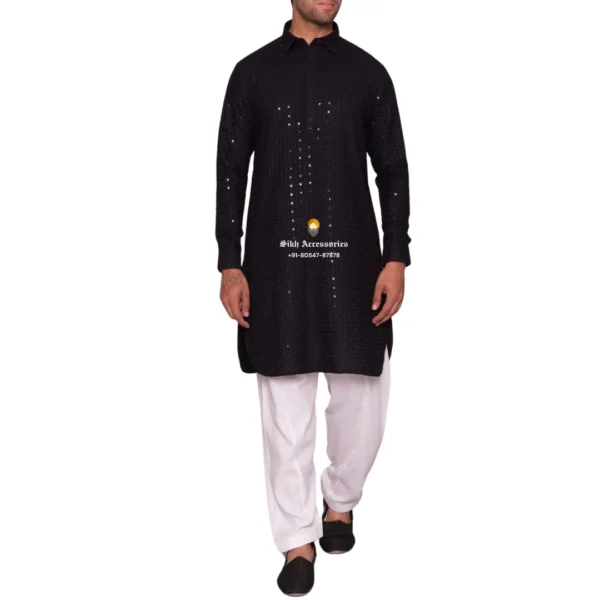 Black Sequin Pathani Kurta Pajama With Shirt Collar
