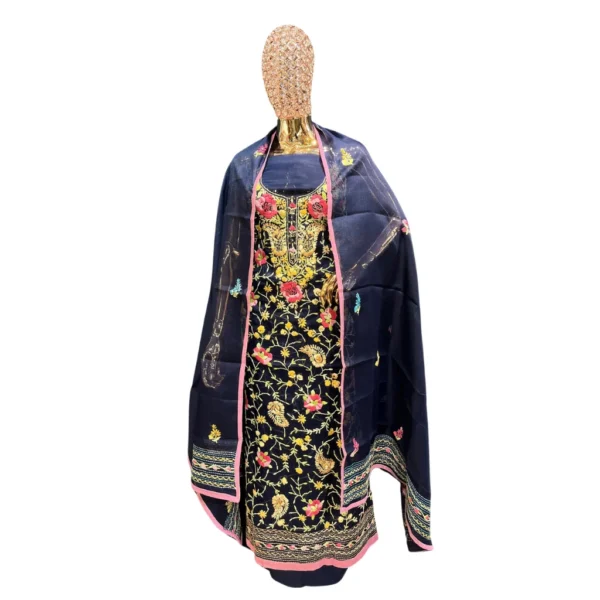 Blue Cotton Suit with Kantha Phulkari Work