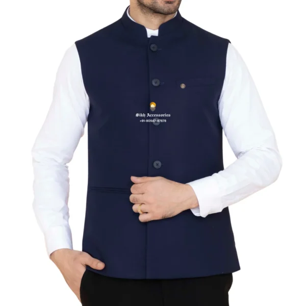 Braves Navy Blue Plain Nehru Jacket For Men