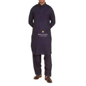 Denim Blue Pathani Kurta Pajama With Shirt Collar