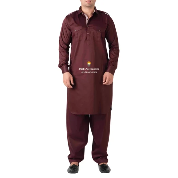 Garnet Red Pathani Kurta Pajama With Shirt Collar