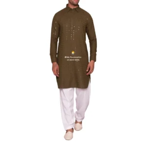 Green Sequin Pathani Kurta Pajama With Shirt Collar