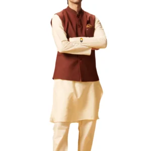 Jam Red Plain Nehru Jacket For Men