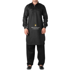 Jet Black Pathani Kurta Pajama With Shirt Collar