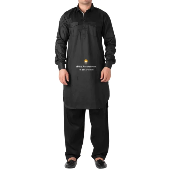 Jet Black Pathani Kurta Pajama With Shirt Collar