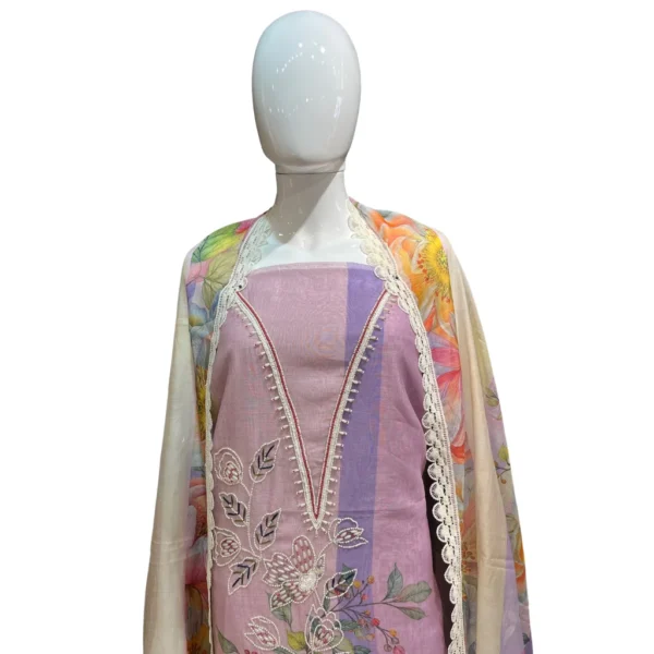 Lavender Hand-Embroidered Unstitched Linen Cotton Suit