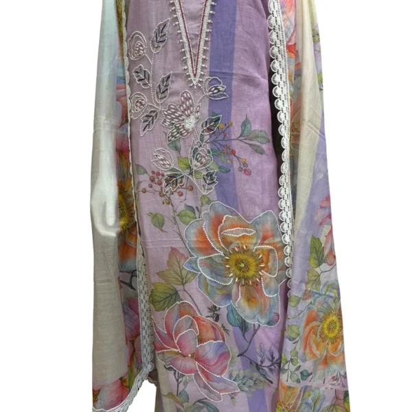 Lavender Hand-Embroidered Unstitched Linen Cotton Suit
