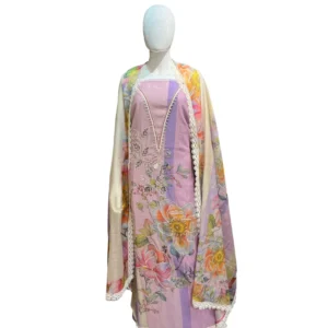 Lavender Hand-Embroidered Unstitched Linen Cotton Suit