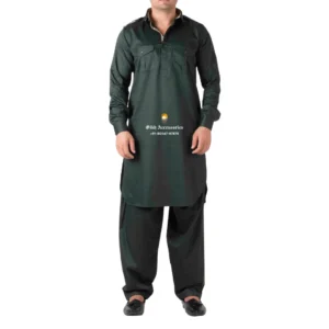 Medium Jungle Green Pathani Kurta Pajama With Shirt Collar