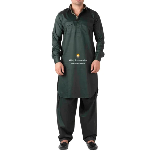 Medium Jungle Green Pathani Kurta Pajama With Shirt Collar