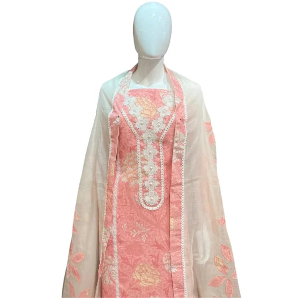 Melon Pink Hand-Embroidered Unstitched Mull Cotton Suit