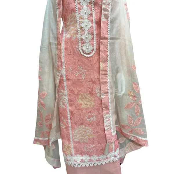 Melon Pink Hand-Embroidered Unstitched Mull Cotton Suit - Image 3