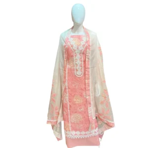 Melon Pink Hand-Embroidered Unstitched Mull Cotton Suit