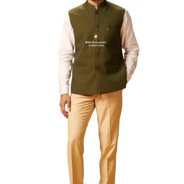 Old Moss Green Plain Nehru Jacket For Men