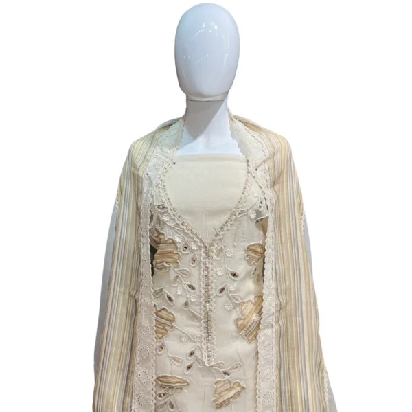Pomelo White Hand-Embroidered Unstitched Mull Cotton Suit - Image 3