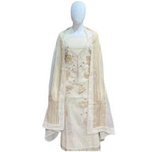 Pomelo White Hand-Embroidered Unstitched Mull Cotton Suit