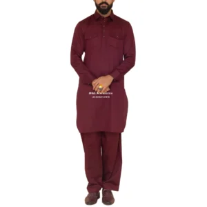 Prune Red Pathani Kurta Pajama With Shirt Collar