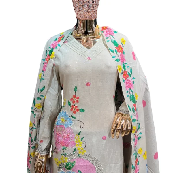 Pure White Hand-Embroidered Unstitched Linen Cotton Suit - Image 2