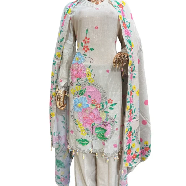Pure White Hand-Embroidered Unstitched Linen Cotton Suit - Image 3
