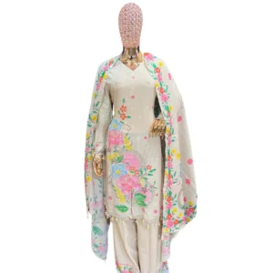 Pure White Hand-Embroidered Unstitched Linen Cotton Suit