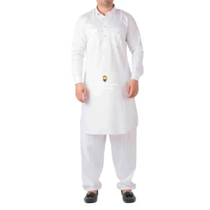 Pure White Pathani Kurta Pajama With Shirt Collar