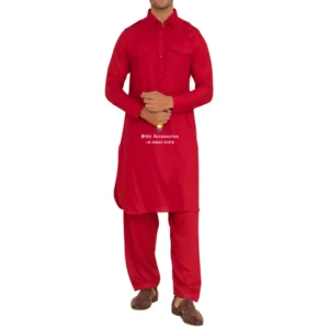 Rose Red Pathani Kurta Pajama With Shirt Collar