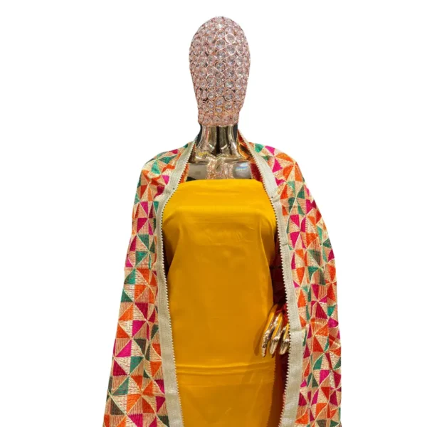 Saffron Unstitched Jam Cotton Phulkari Suit