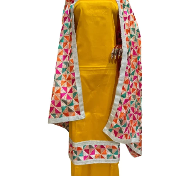 Saffron Unstitched Jam Cotton Phulkari Suit - Image 3