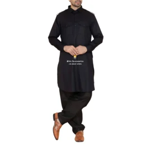 Smoky Black Pathani Kurta Pajama With Shirt Collar