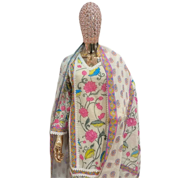 White Hand-Embroidered Unstitched Linen Cotton Suit