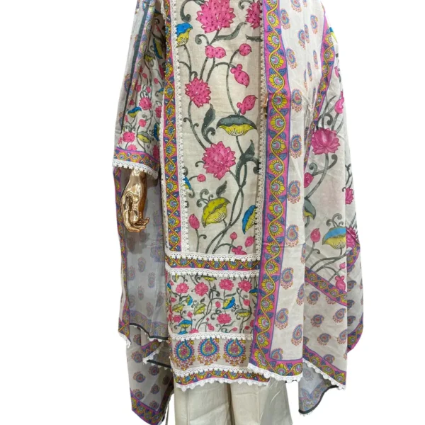 White Hand-Embroidered Unstitched Linen Cotton Suit - Image 3