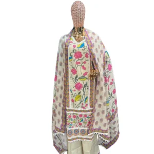 White Hand-Embroidered Unstitched Linen Cotton Suit