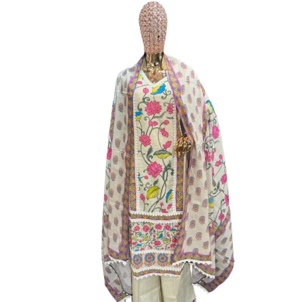 White Hand-Embroidered Unstitched Linen Cotton Suit