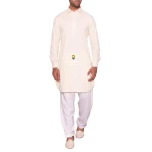 White Sequin Pathani Kurta Pajama With Shirt Collar