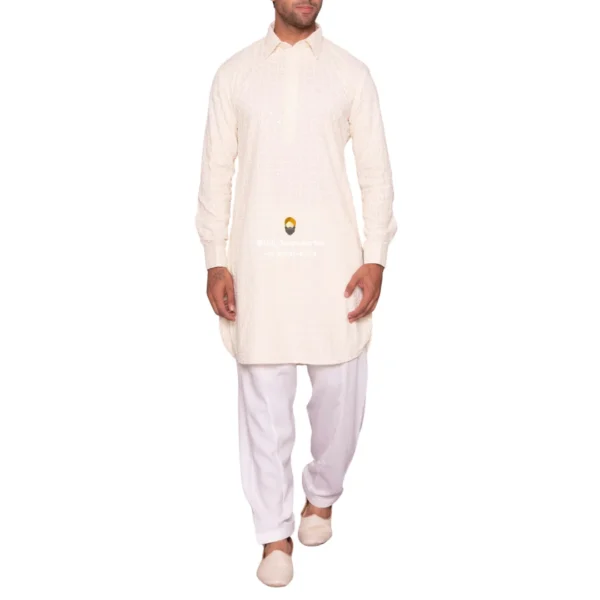White Sequin Pathani Kurta Pajama With Shirt Collar