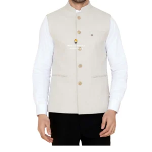 White Smoke Plain Nehru Jacket For Men