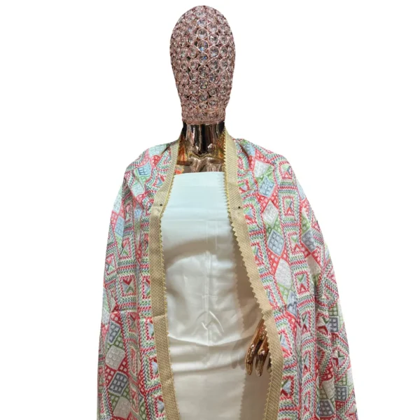 White Unstitched Jam Cotton Phulkari Suit - Image 2