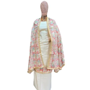 White Unstitched Jam Cotton Phulkari Suit